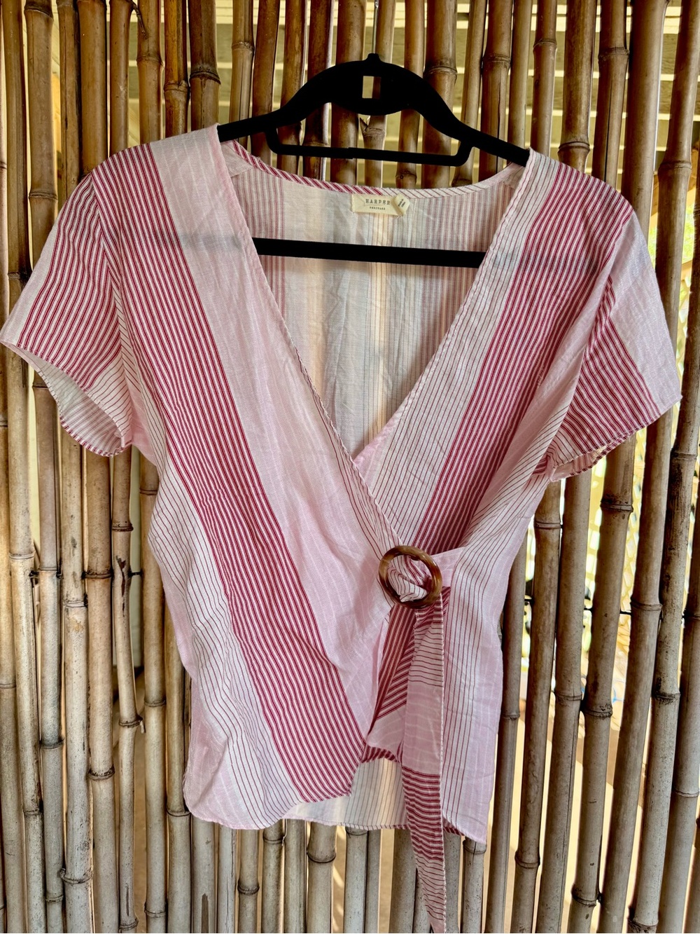 Harper Pink Striped Linen Wrap Top with Ring Detail